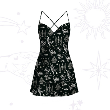 Purplehecate Prehistoric Fantasy Satin Cross Back Mini Dress