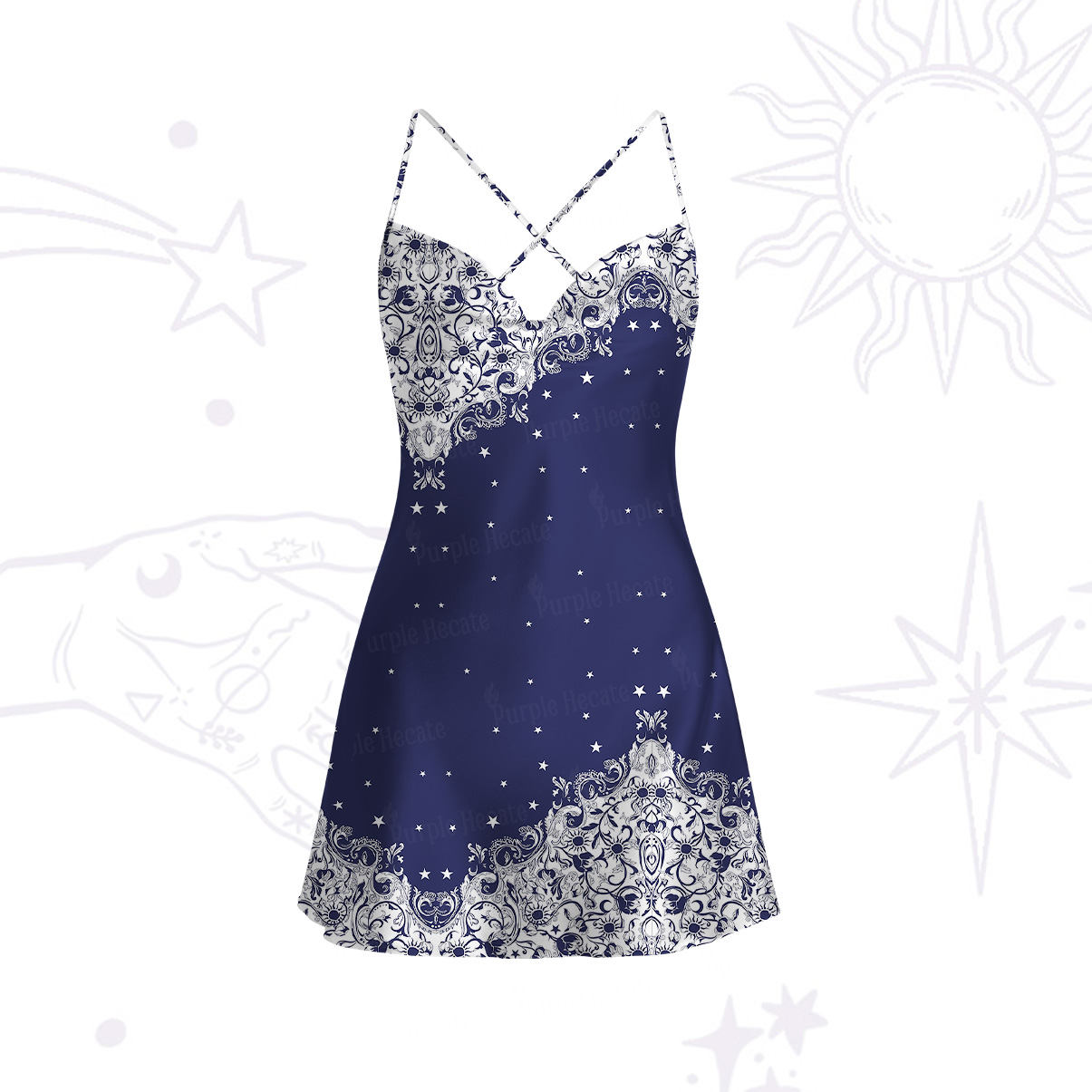 Purplehecate Midnight Star Satin Cross Back Mini Dress