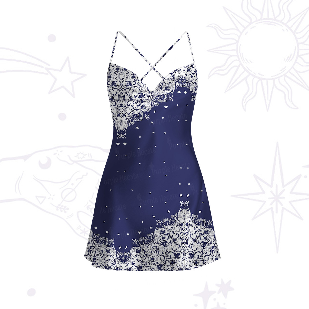 Purplehecate Midnight Star Satin Cross Back Mini Dress