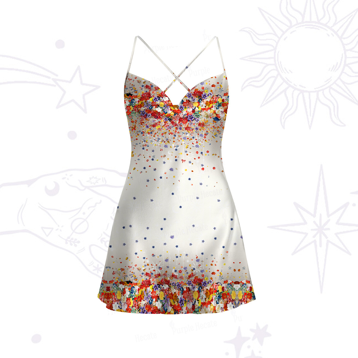 Purplehecate Spring Garden Satin Cross Back Mini Dress