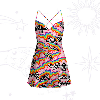 Purplehecate Groovy Melty Rainbow Hearts Wavy Cross Back Mini Dress
