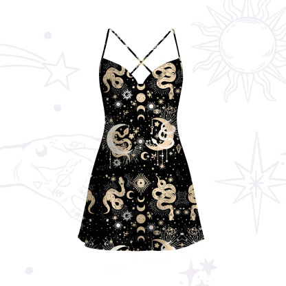 Purplehecate Divine Serpent Under the Moon Satin Cross Back Mini Dress