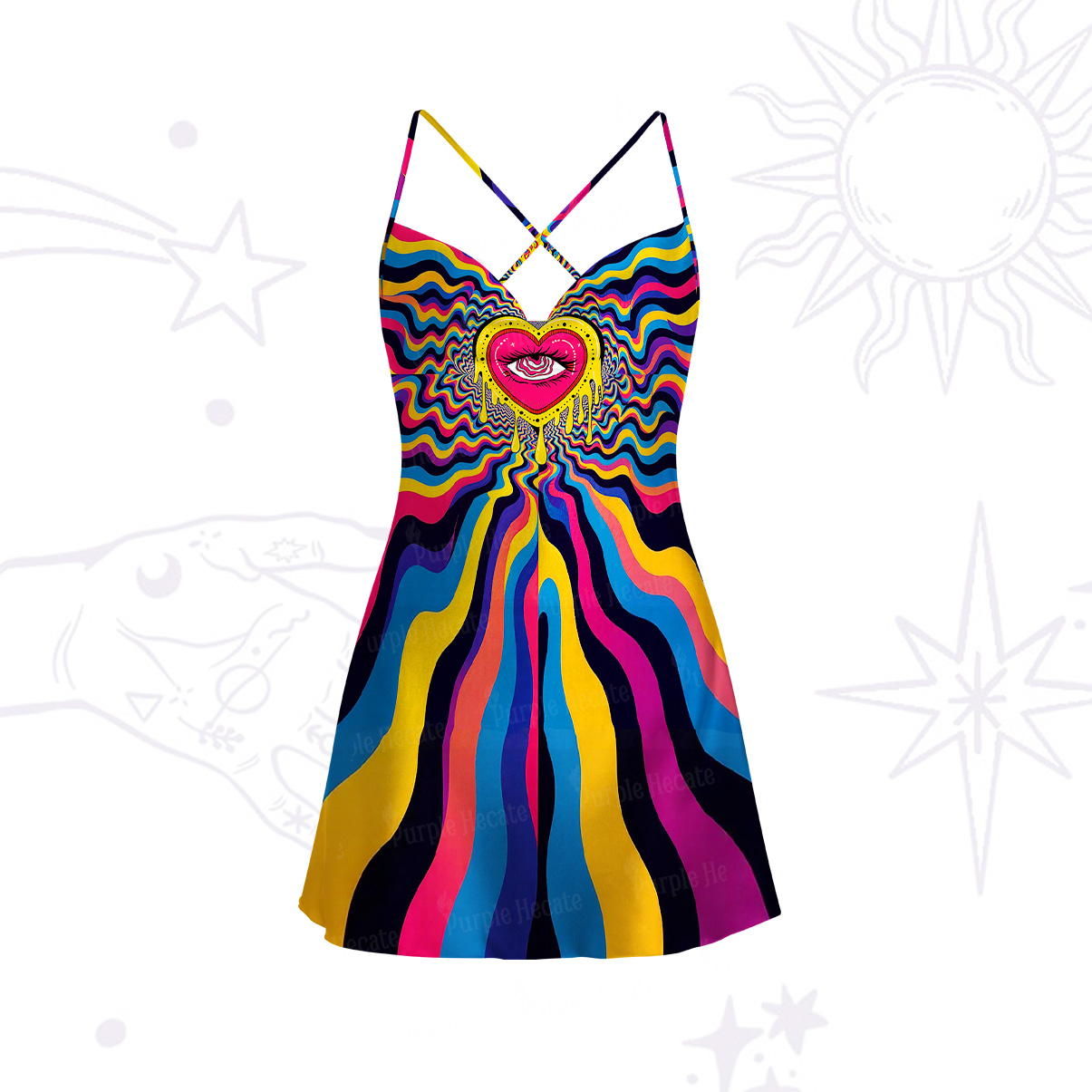 Purplehecate Trippy Heart Flame Satin Cross Back Mini Dress