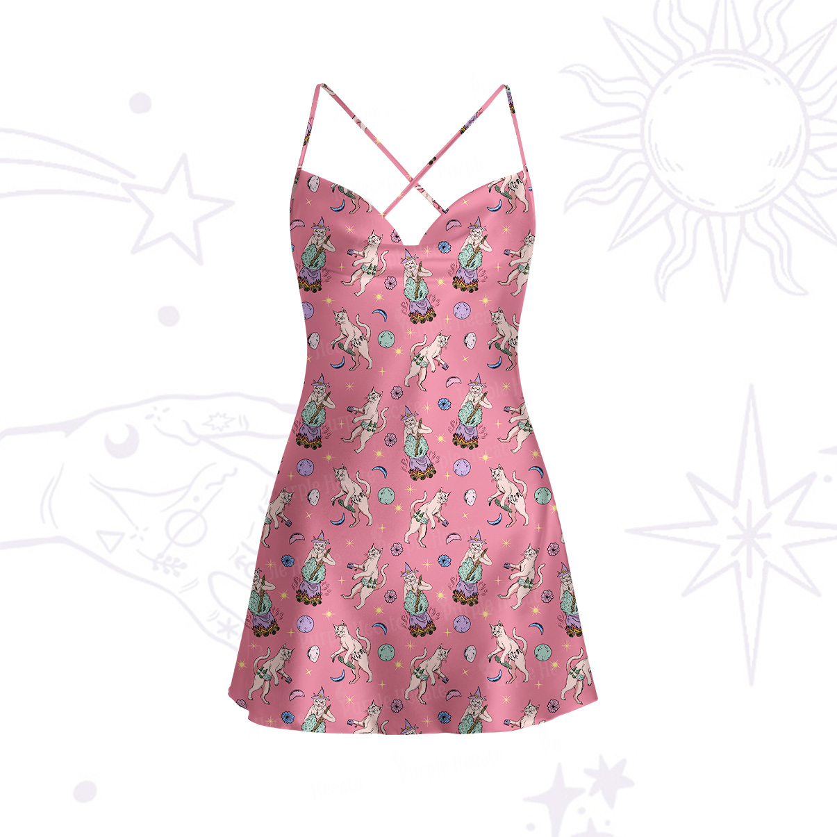 Purplehecate Cat Coven Satin Cross Back Mini Dress