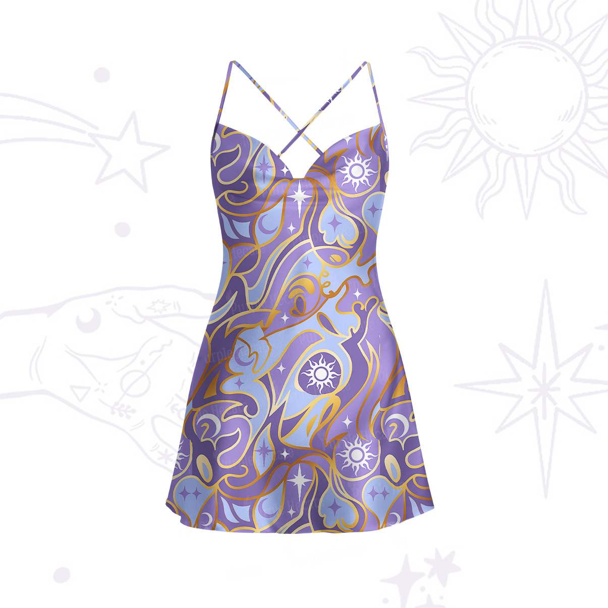 Purplehecate Divination Night Print Satin Cross Back Mini Dress