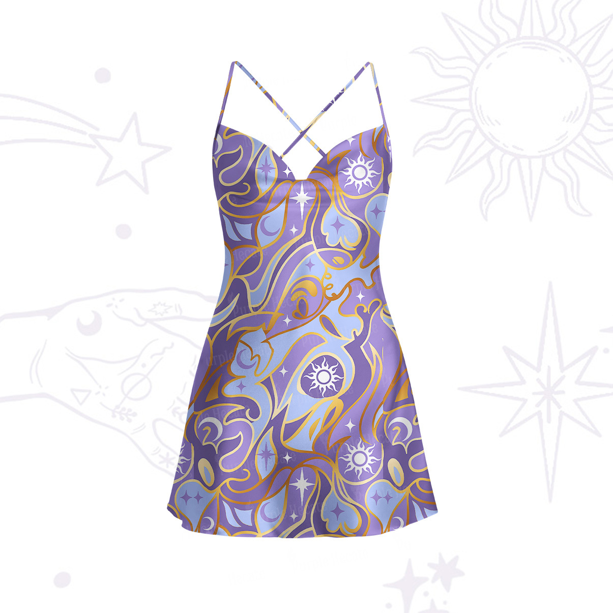 Purplehecate Divination Night Print Satin Cross Back Mini Dress