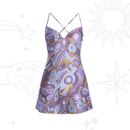 Purplehecate Divination Night Print Satin Cross Back Mini Dress