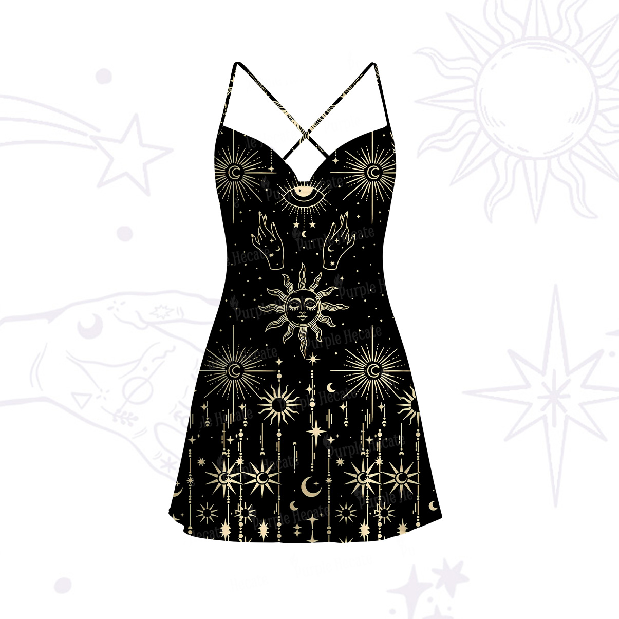 Purplehecate Solar Oracle Satin Cross Back Mini Dress