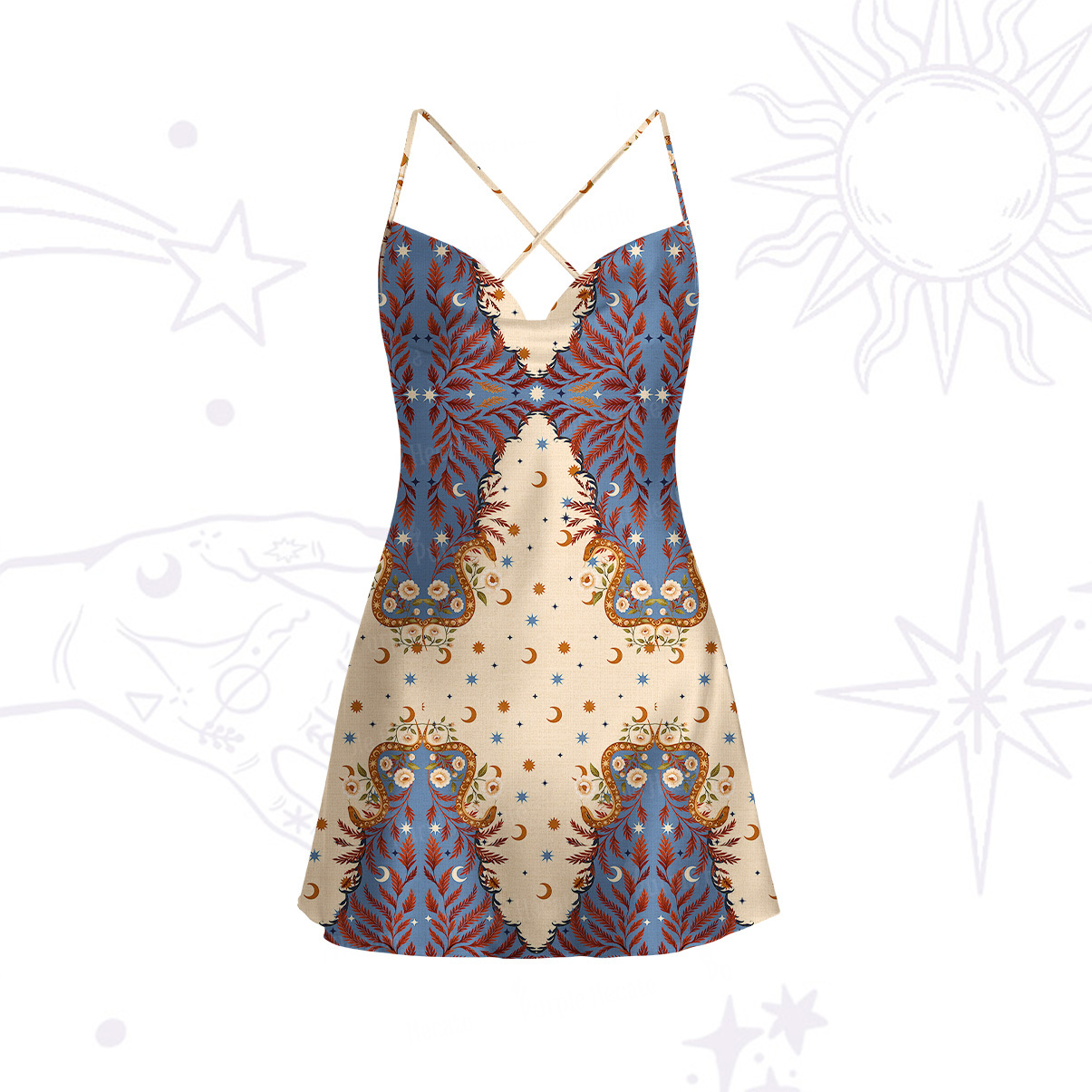 Purplehecate Celestial Ascension Satin Cross Back Mini Dress