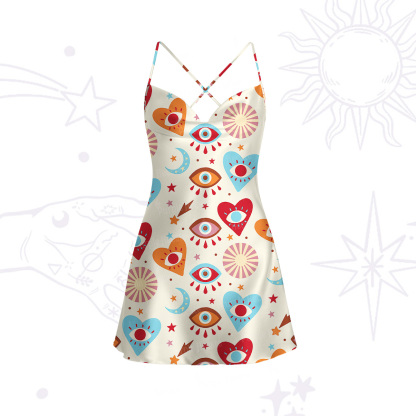 Purplehecate The Enchanted Eye of Love Satin Cross Back Mini Dress