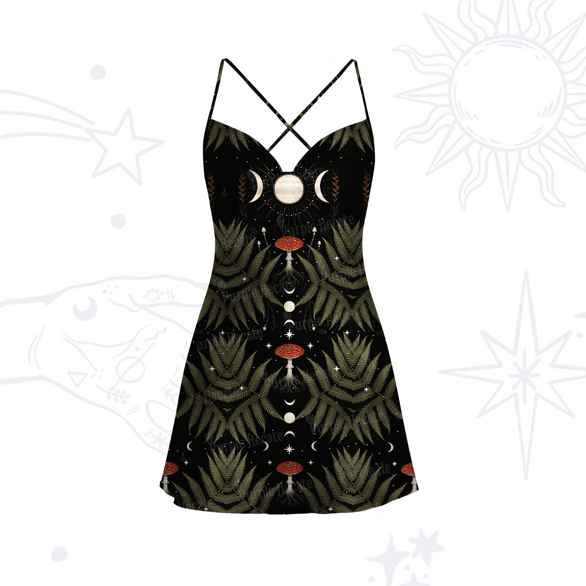 Purplehecate Moonlit Mushroom Gown Satin Cross Back Mini Dress