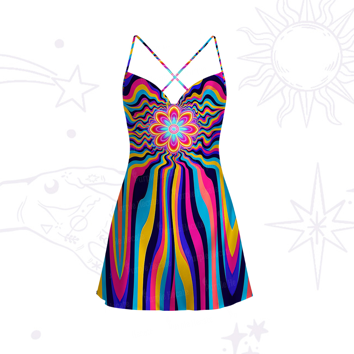 Purplehecate Psychedelic Bloom Satin Cross Back Mini Dress