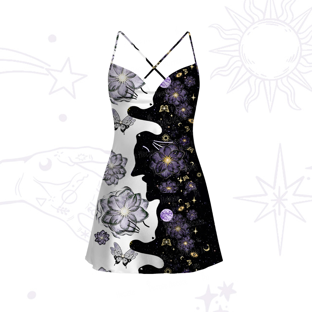 Purplehecate Starlit Cats & Butterflies Satin Cross Back Mini Dress