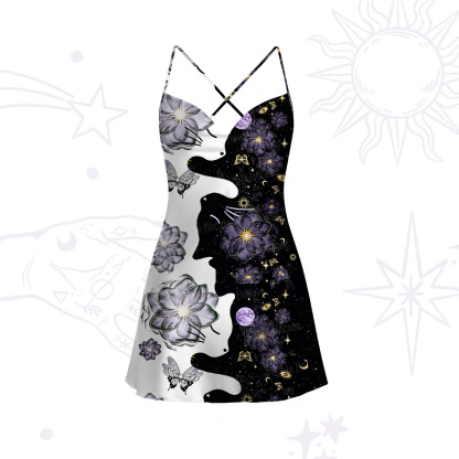 Purplehecate Starlit Cats & Butterflies Satin Cross Back Mini Dress