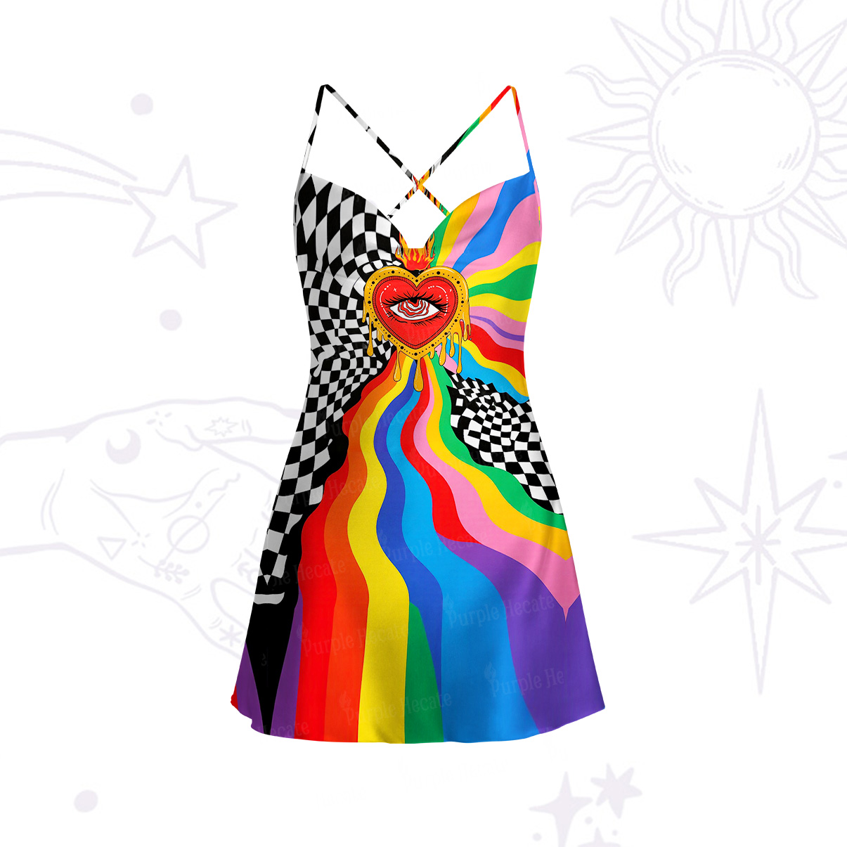 Purplehecate Trippy Rainbow Heart Eye Satin Cross Back Mini Dress