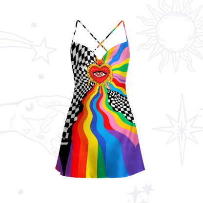 Purplehecate Trippy Rainbow Heart Eye Satin Cross Back Mini Dress