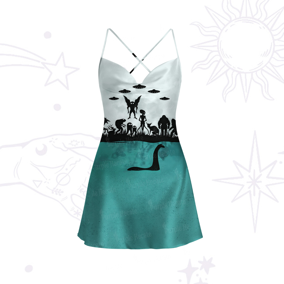 Purplehecate Alien Lake Monster Encounter Satin Cross Back Mini Dress