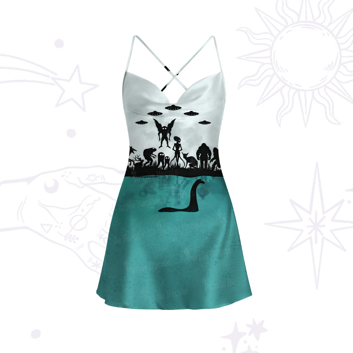 Purplehecate Alien Lake Monster Encounter Satin Cross Back Mini Dress