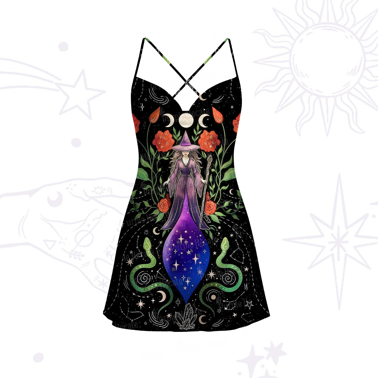 Purplehecate Moon Witch Garden Satin Cross Back Mini Dress