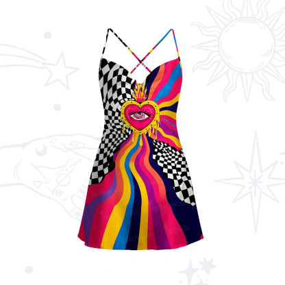 Purplehecate Trippy Rainbow Heart Eye Satin Cross Back Mini Dress