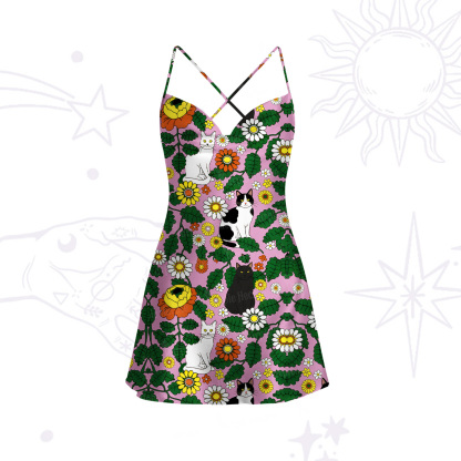 Purplehecate Daisy Cat  Garden Satin Cross Back Mini Dress