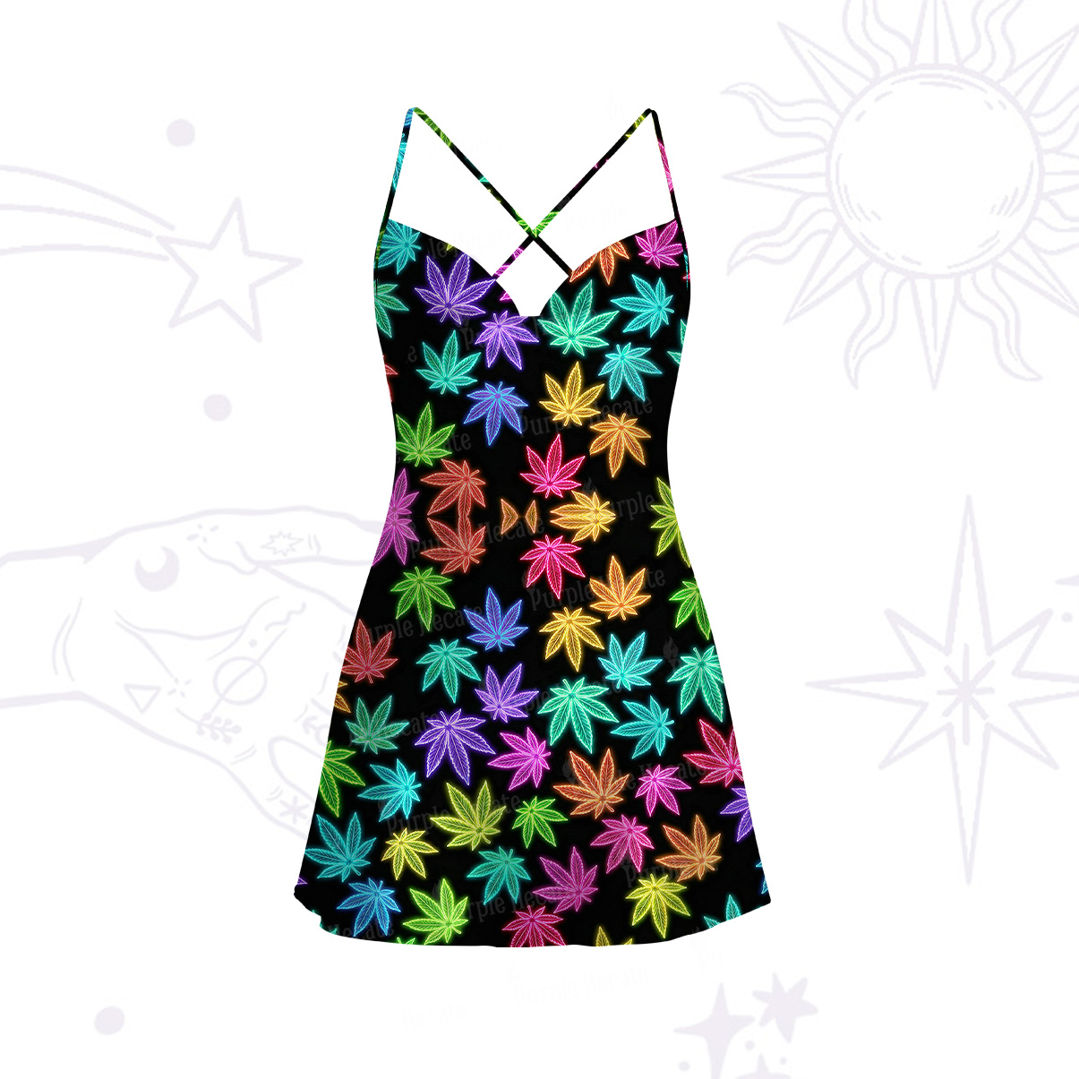 Purplehecate Trippy Weed Satin Cross Back Mini Dress