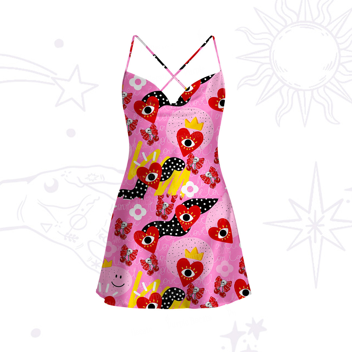 Purplehecate Evil Eye Heart Satin Cross Back Mini Dress