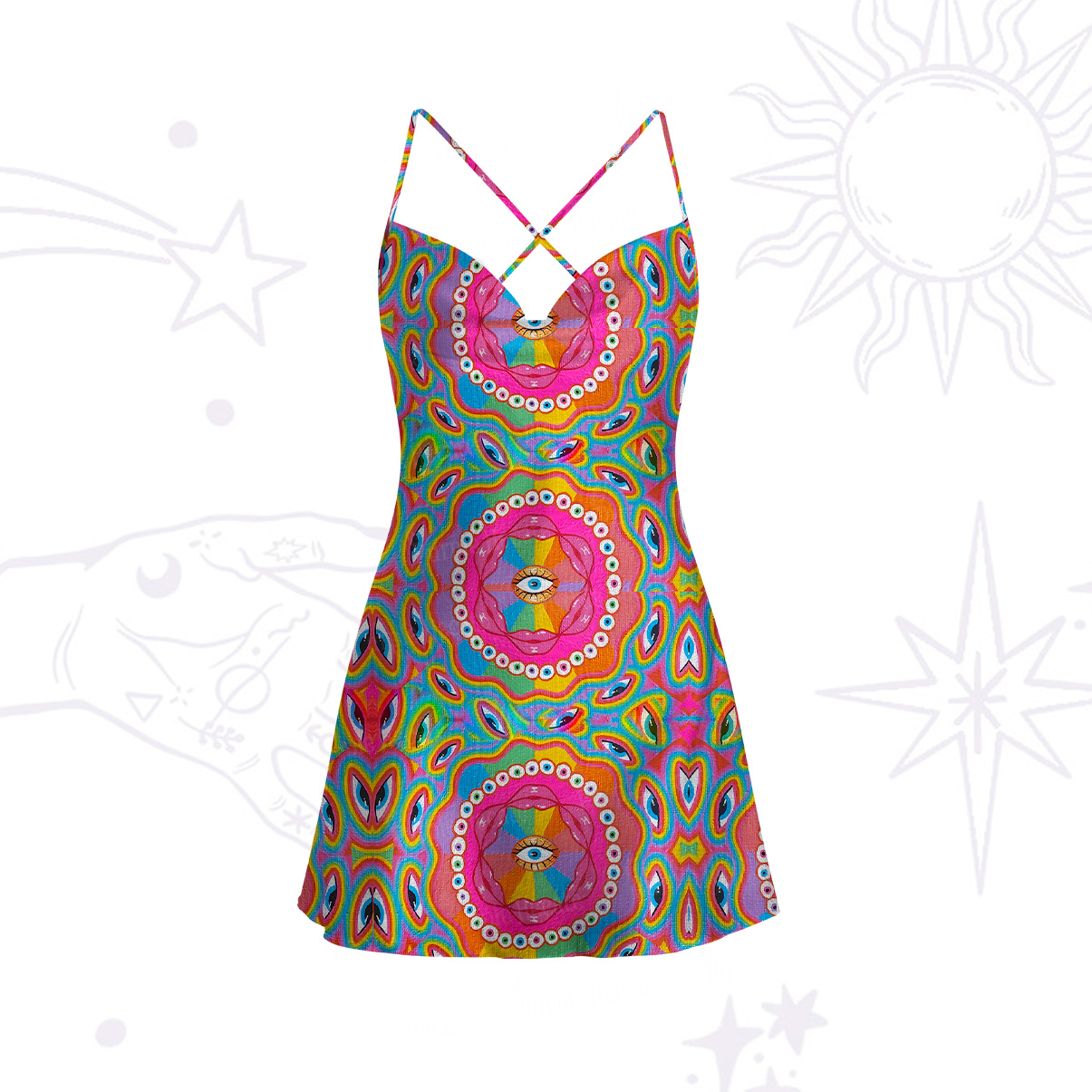 Purplehecate Chromatic Dreamwave Satin Cross Back Mini Dress