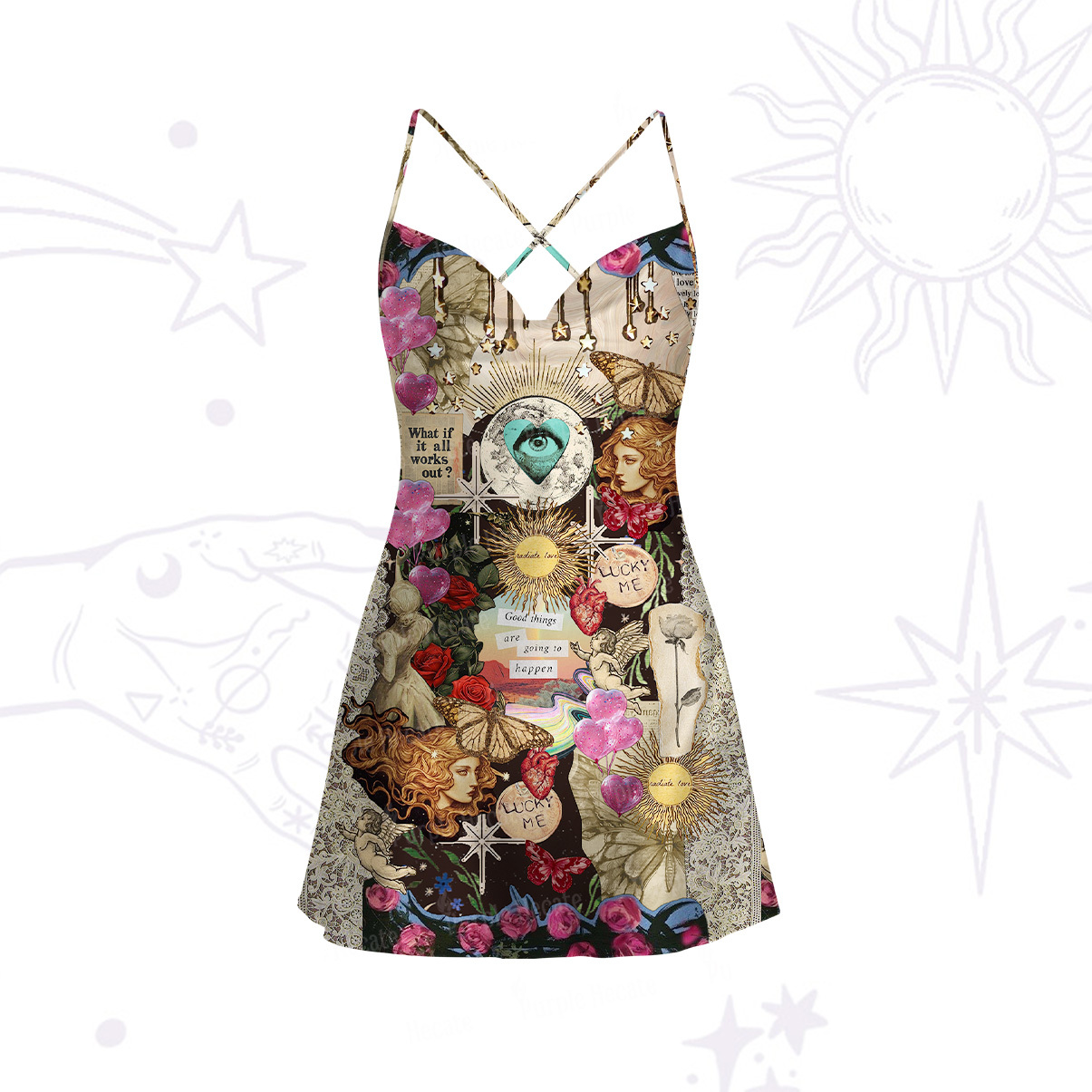 Purplehecate Lucky Me Sacred Heart Eye Satin Cross Back Mini Dress