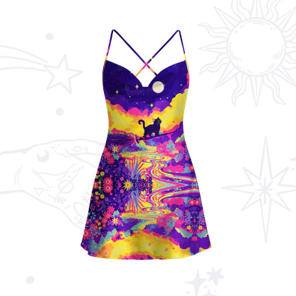 Purplehecate Midnight Cosmic Cat Fantasy Satin Cross Back Mini Dress