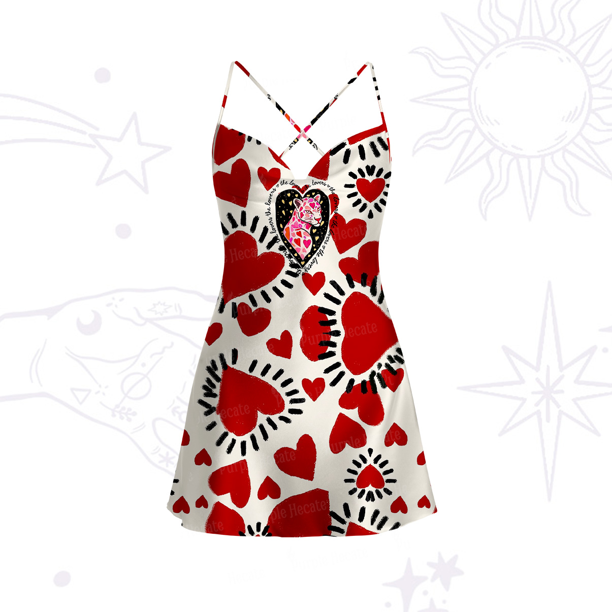Purplehecate Wild Love Leopard Heart Satin Cross Back Mini Dress