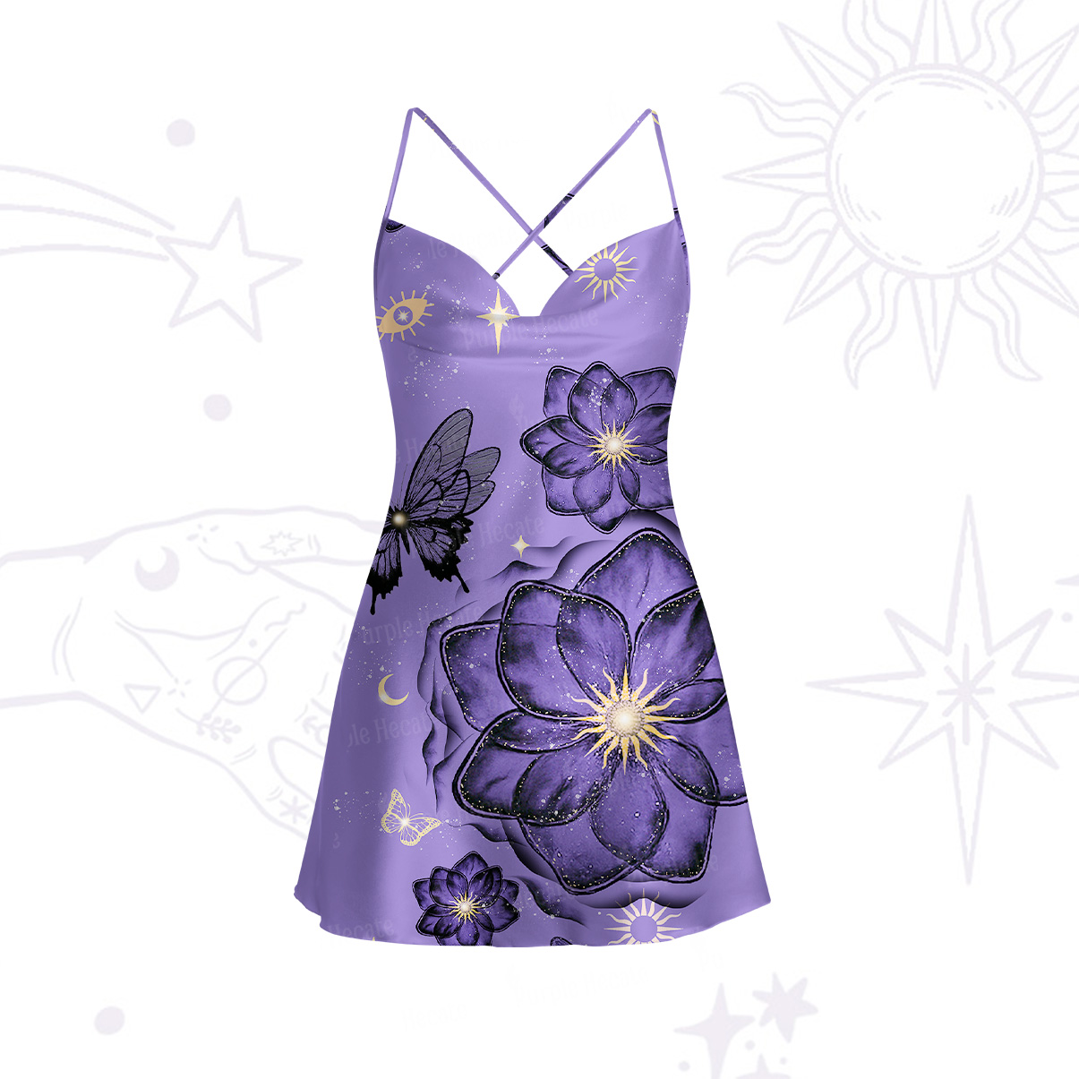 Purplehecate Moonlit Petals and Wings Satin Cross Back Mini Dress