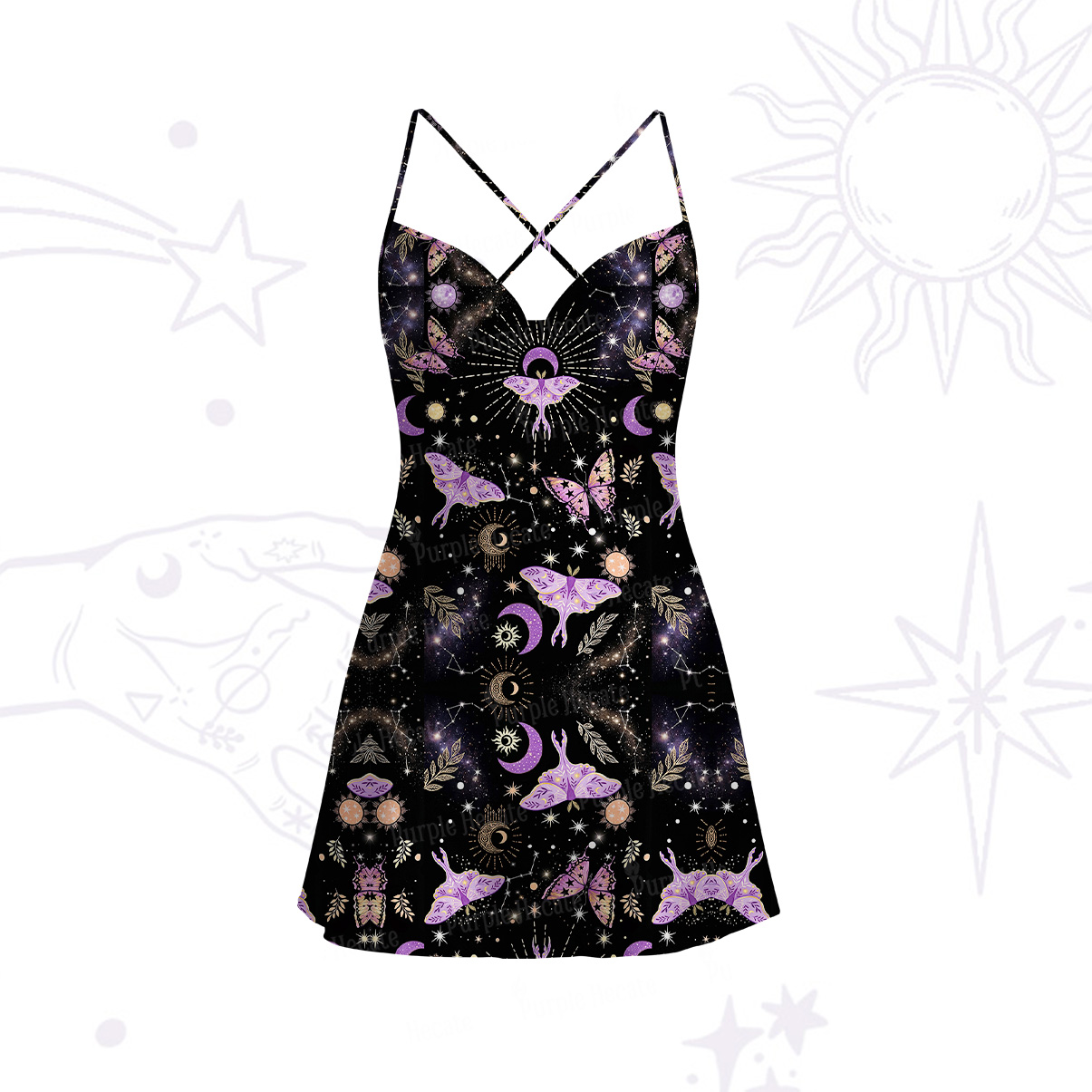 Purplehecate Starry Night Lunar Moth Satin Cross Back Mini Dress