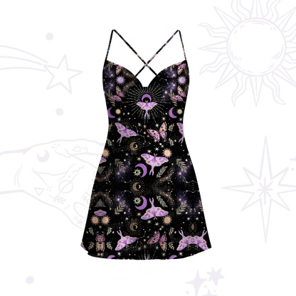 Purplehecate Starry Night Lunar Moth Satin Cross Back Mini Dress
