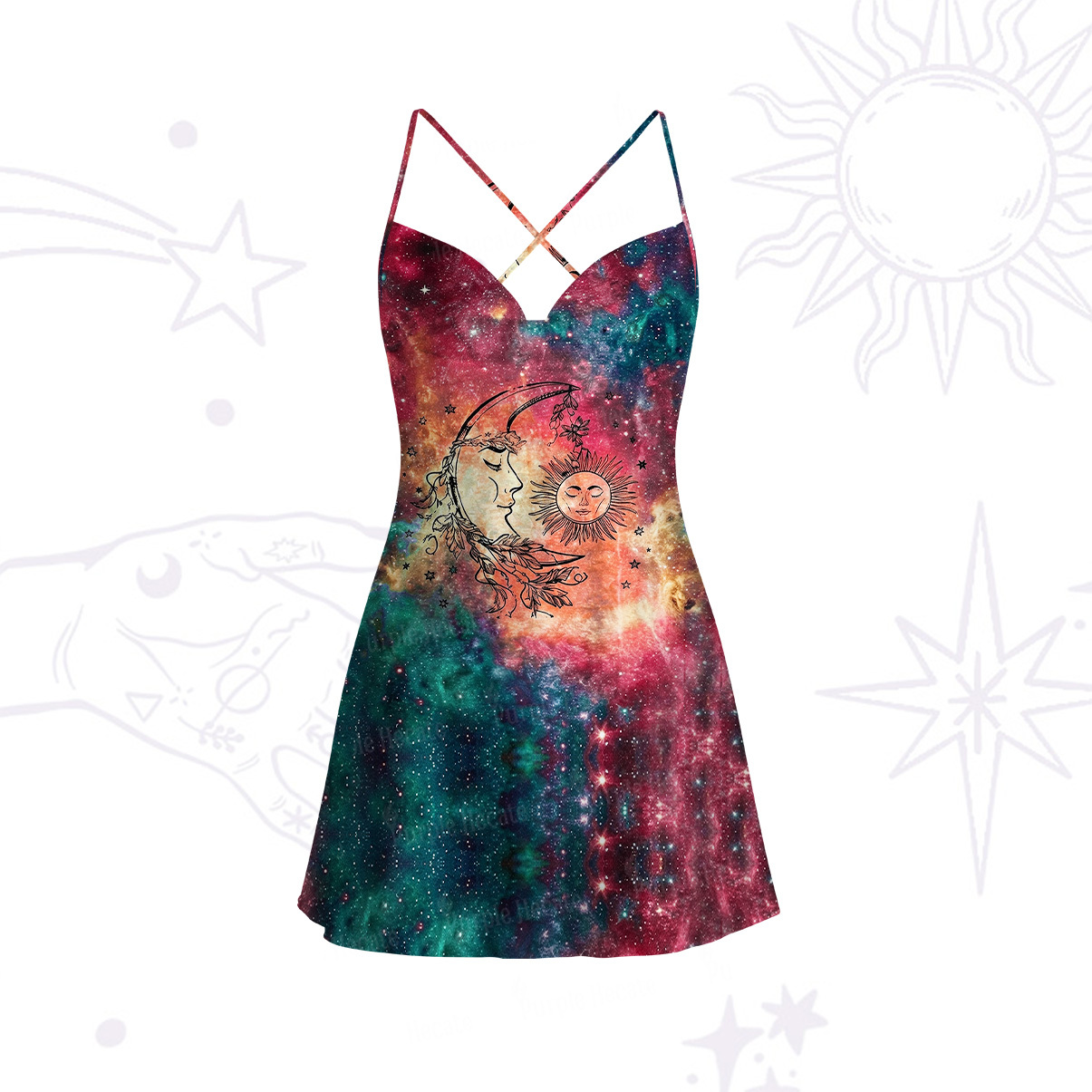 Purplehecate Sun Moon Dreams Satin Cross Back Mini Dress