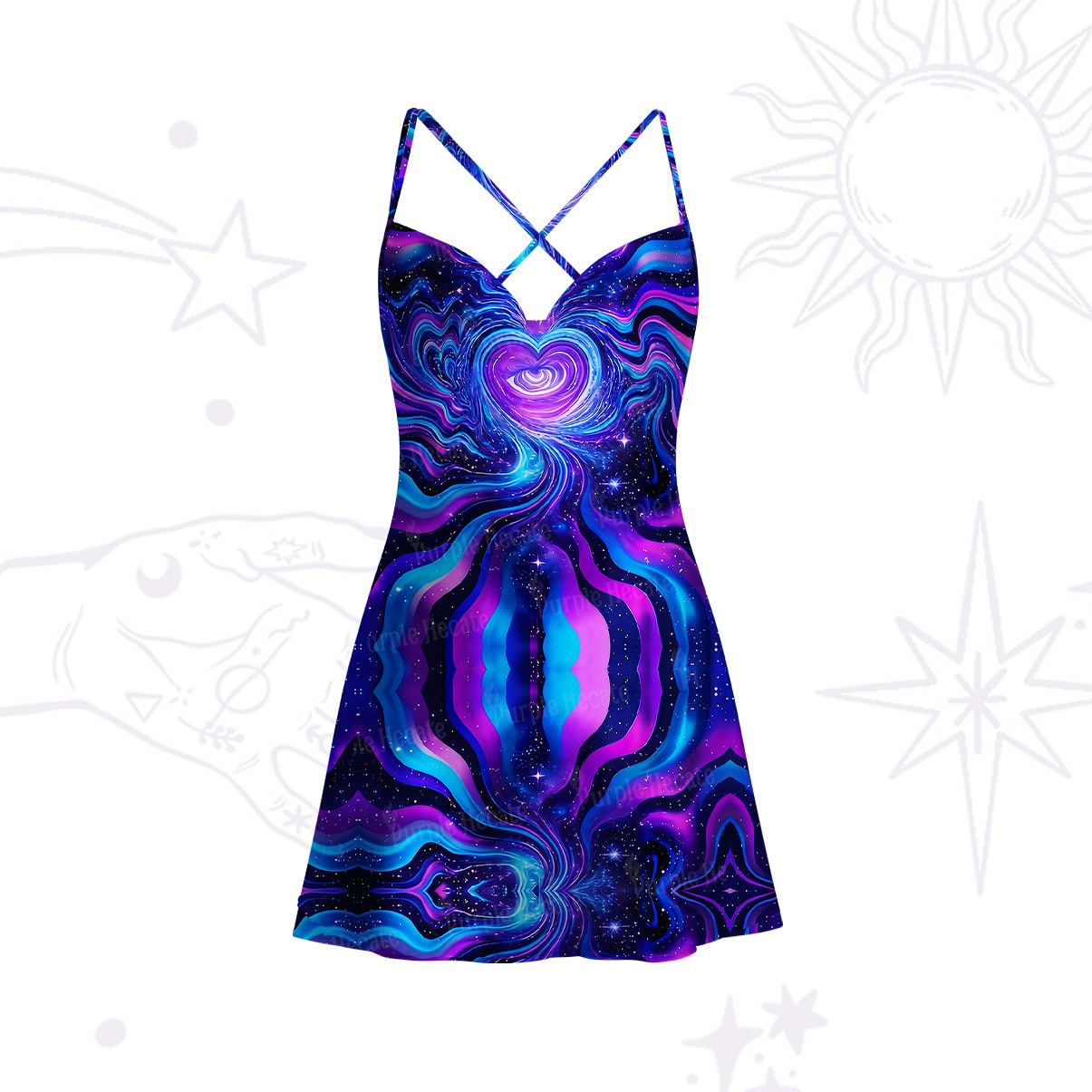 Purplehecate Cosmic Heart Satin Cross Back Mini Dress