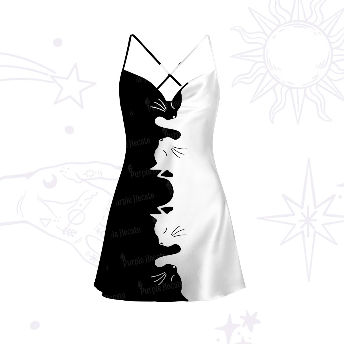 Purplehecate Yin Yang Cat Lover Satin Cross Back Mini Dress