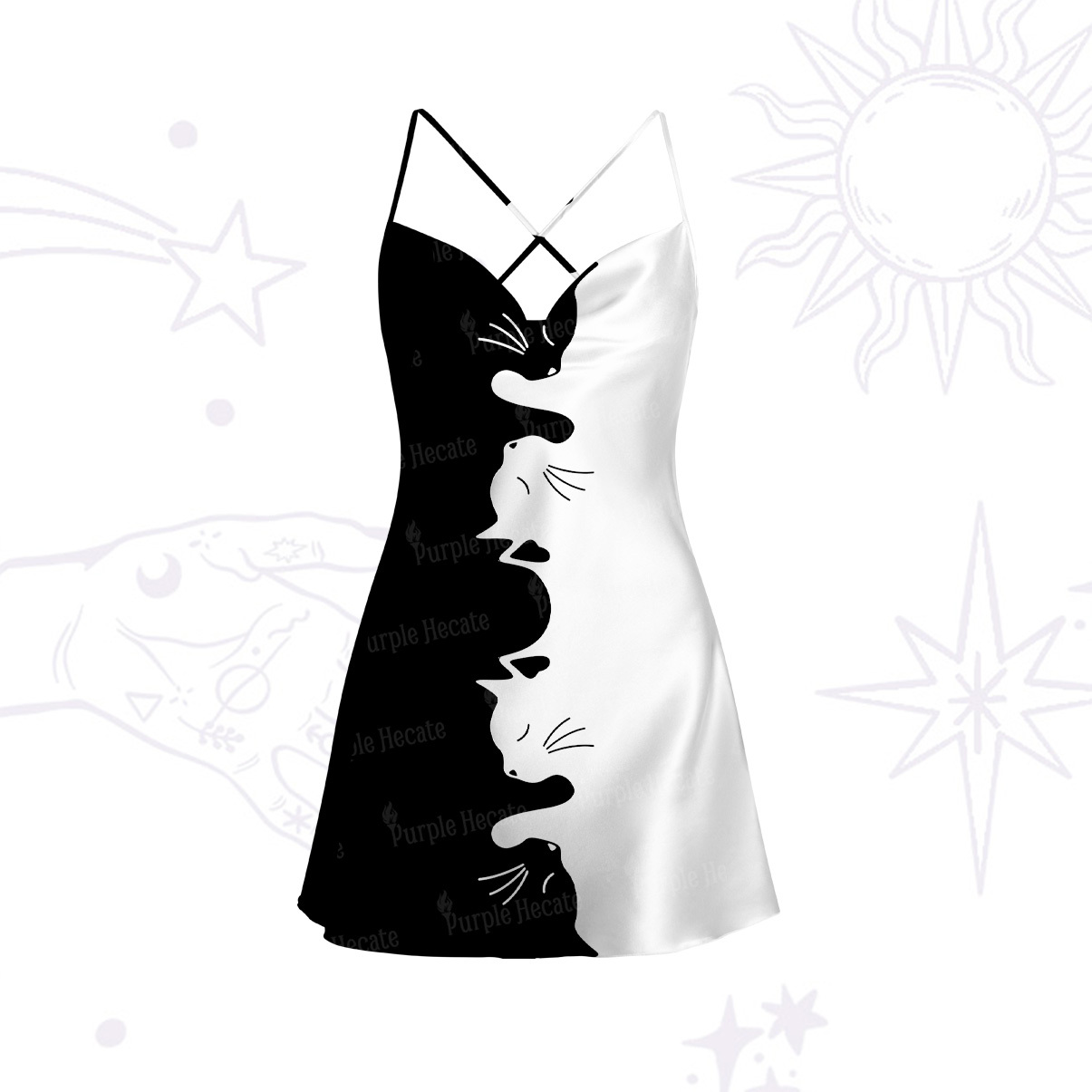 Purplehecate Yin Yang Cat Lover Satin Cross Back Mini Dress