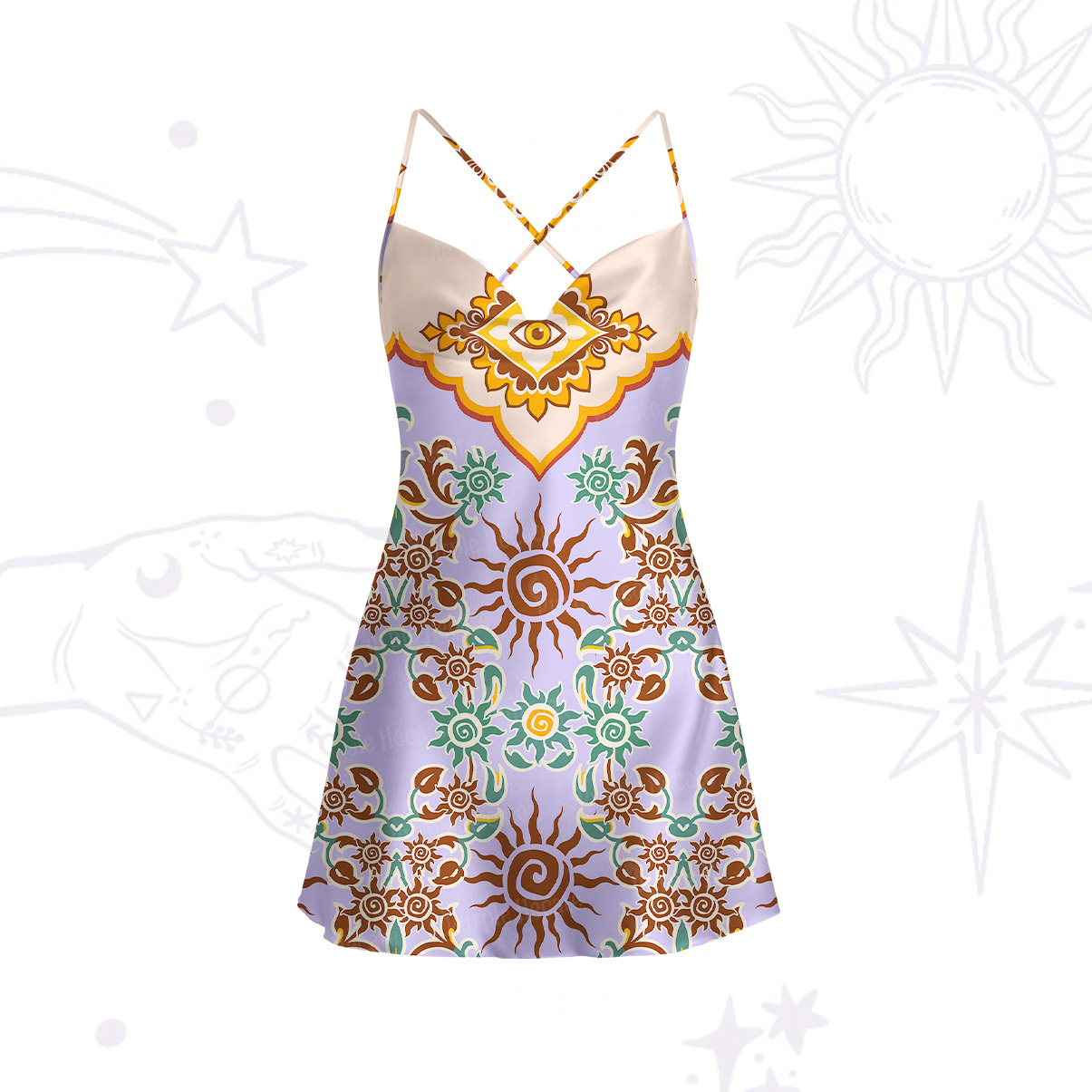 Purplehecate Solar Whispers Witch Satin Cross Back Mini Dress