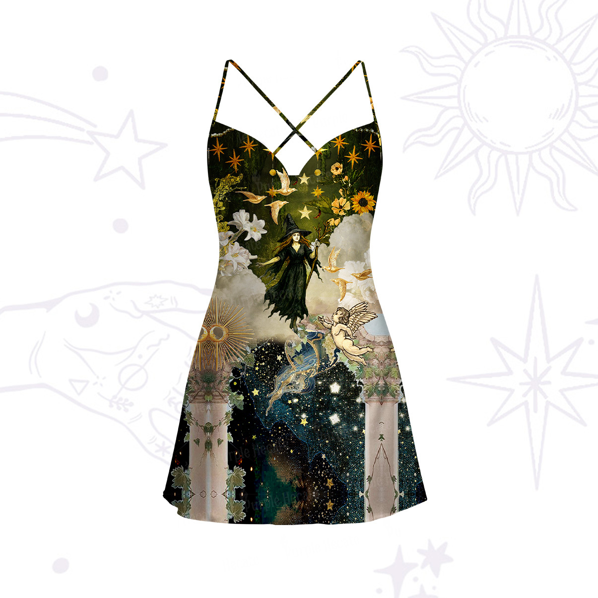 Purplehecate Garden of the Celestial Witch Satin Cross Back Mini Dress