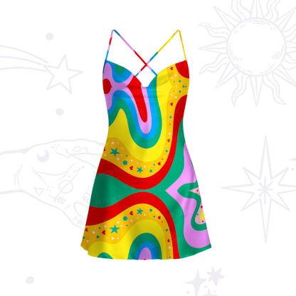 Purplehecate Dreamy Rainbow Waves Satin Cross Back Mini Dress