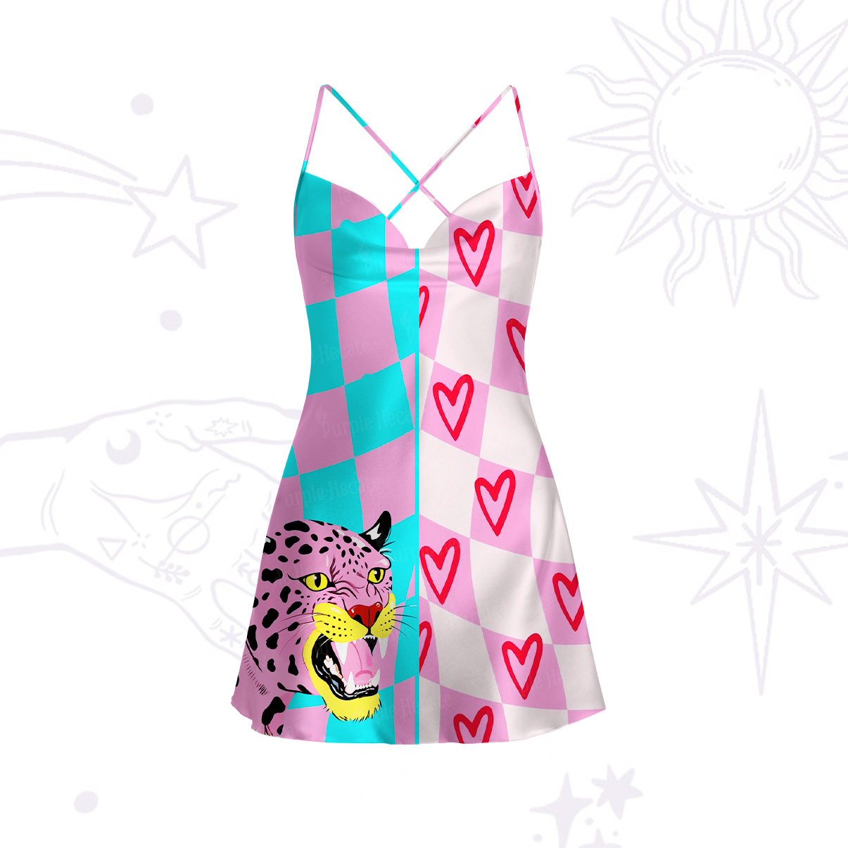 Purplehecate Savage Leopard Evil Eye Satin Cross Back Mini Dress