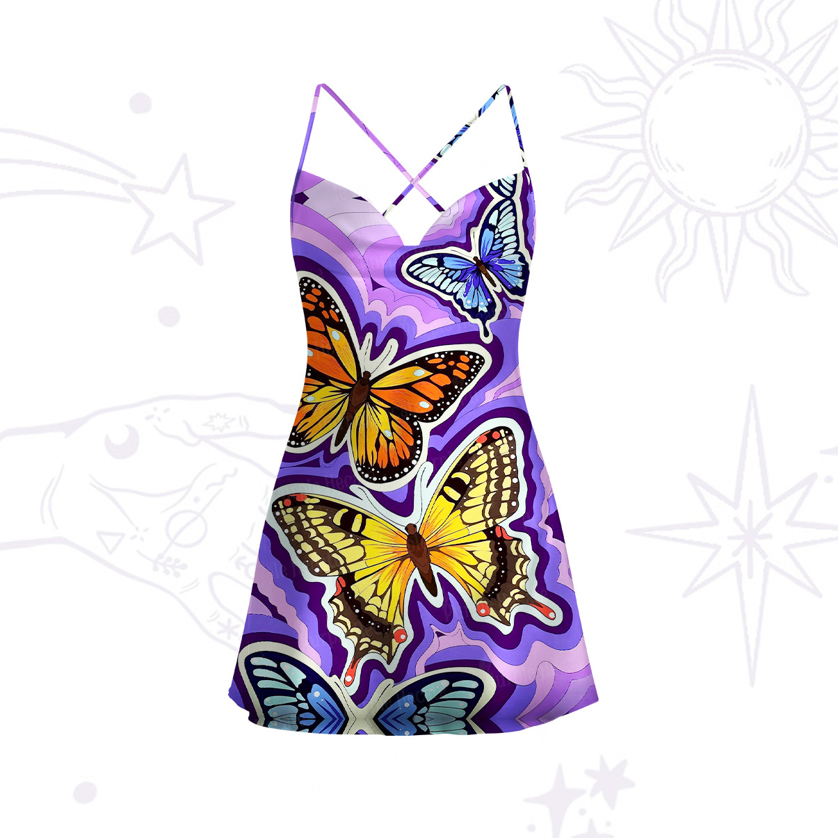 Purplehecate Psychedelic Butterfly Satin Cross Back Mini Dress