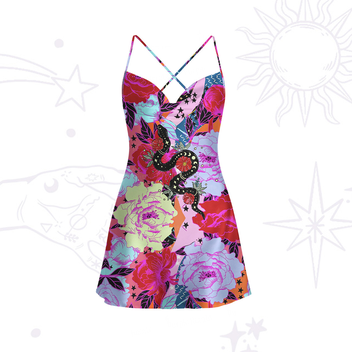 Purplehecate Enchanted Black Serpent & Floral Pattern Satin Cross Back Mini Dress