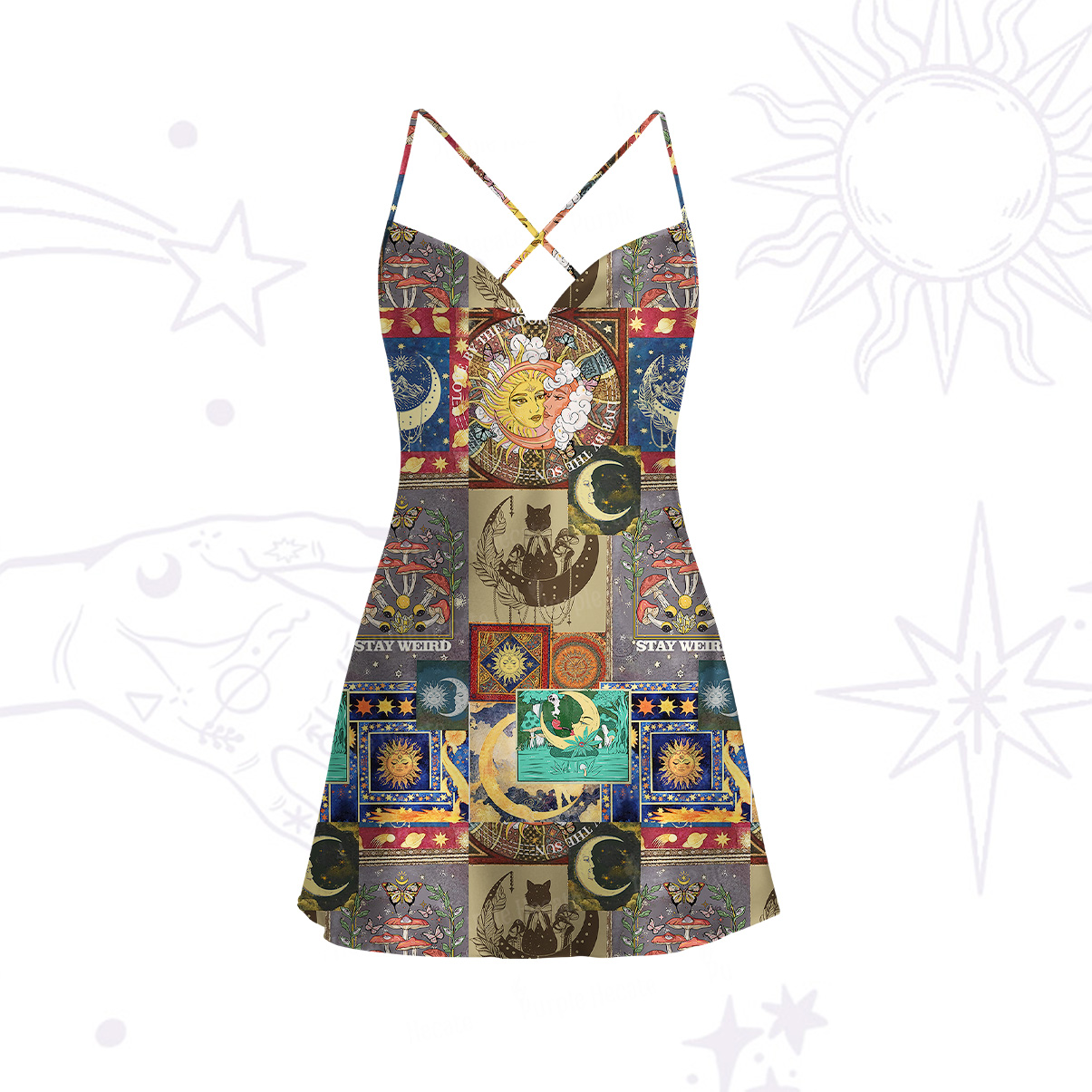 Purplehecate Starry Moon Patchwork for Cosmic Lovers Satin Cross Back Mini Dress