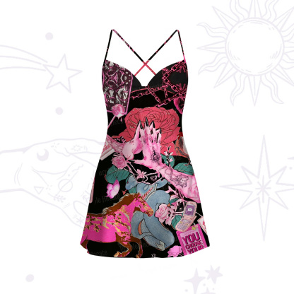 Purplehecate Pink Witch Spell Satin Cross Back Mini Dress