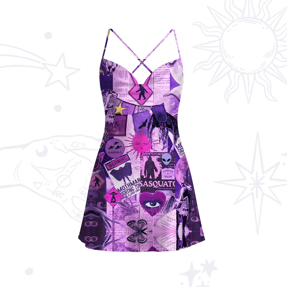 Purplehecate Cryptid Warning Collage Satin Cross Back Mini Dress