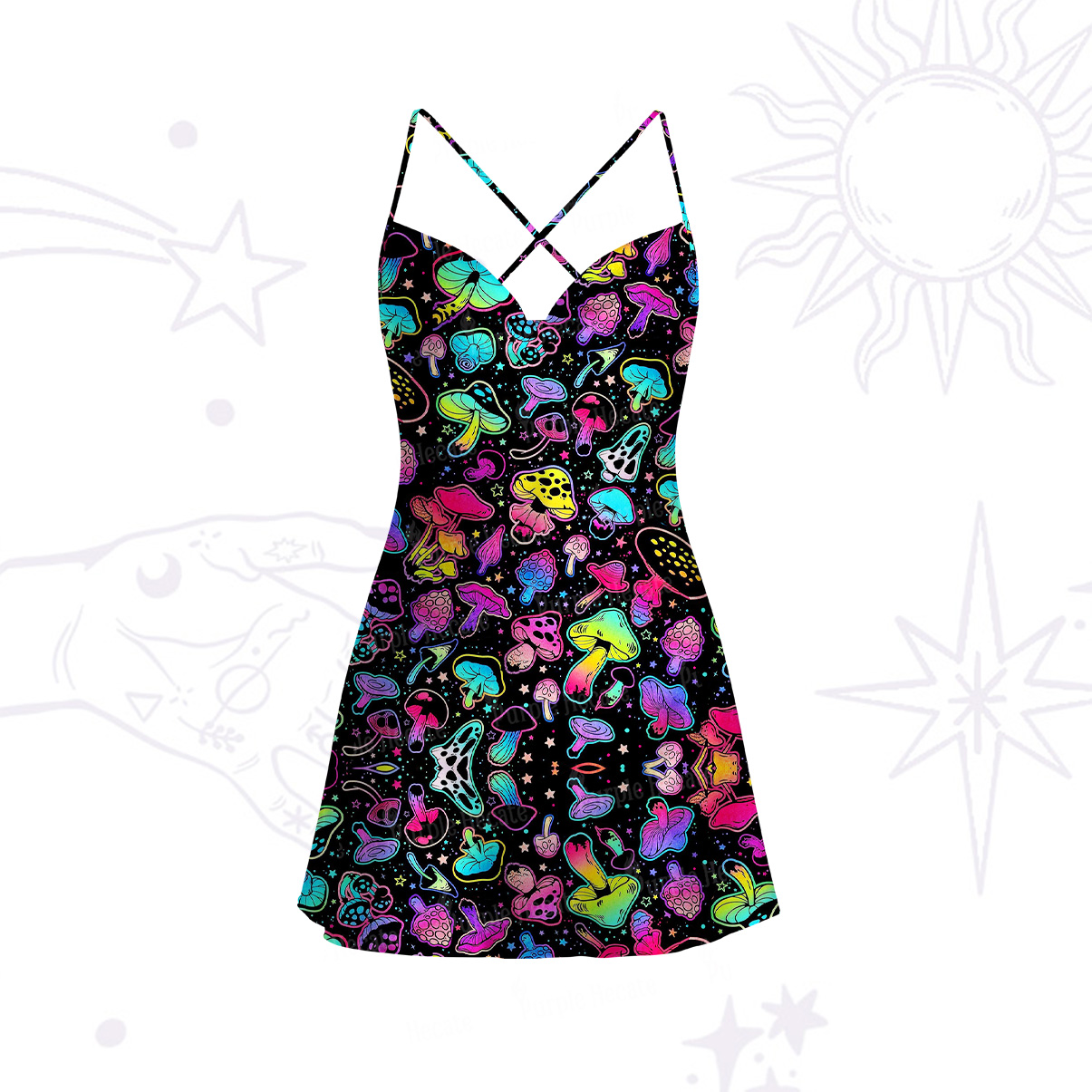 Purplehecate Psychedelic Mushroom Rave Satin Cross Back Mini Dress