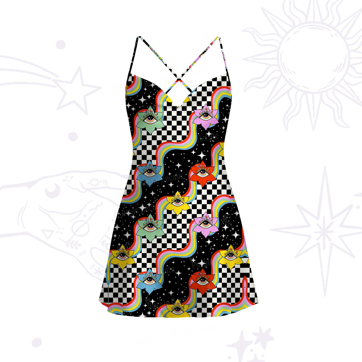 Purplehecate Enchanted Eye Blossom Satin Cross Back Mini Dress