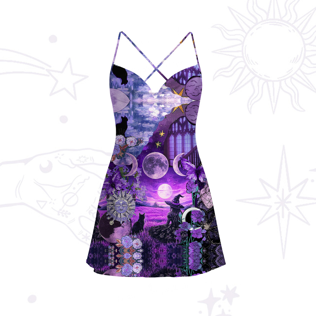 Purplehecate Witchy Black Cat Moon Satin Cross Back Mini Dress